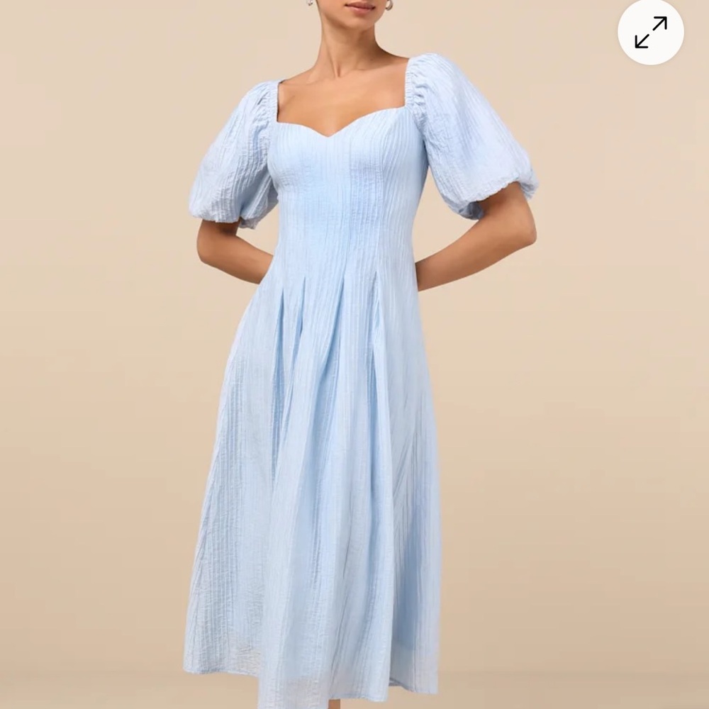 Lulus Heavenly Energy Blue Textured Puff Sleeve Pleated Midi Dress
